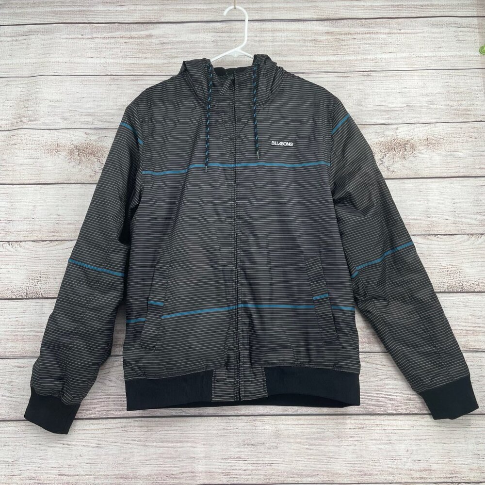 Billabong Fleece Lined Snowboard Jacket Men's Large Black/White/Blue Striped